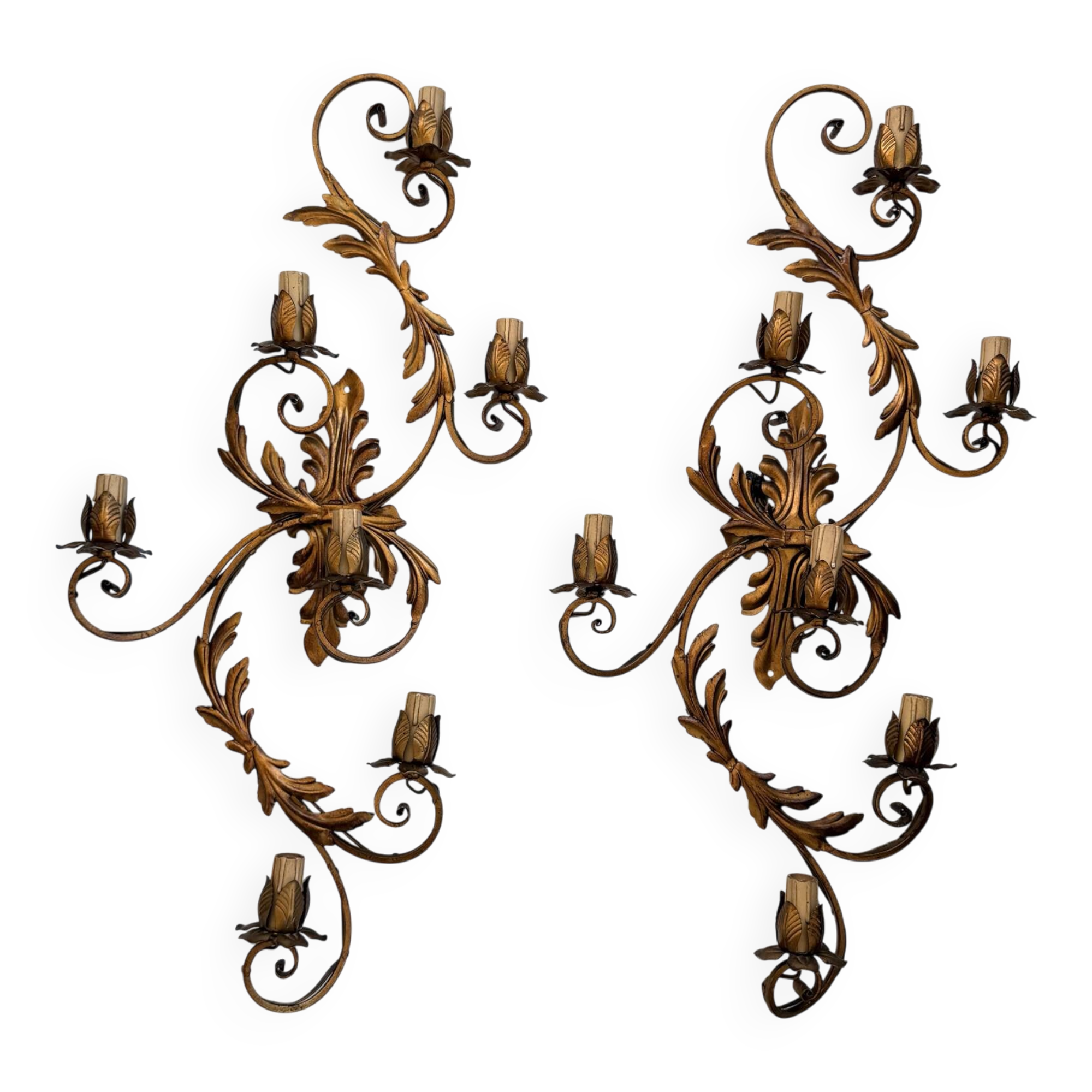 Pair of Golden Florentine Wall Lights 1950s 1960s Hollywood Regency 7 Lights