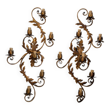 Pair of Golden Florentine Wall Lights 1950s 1960s Hollywood Regency 7 Lights