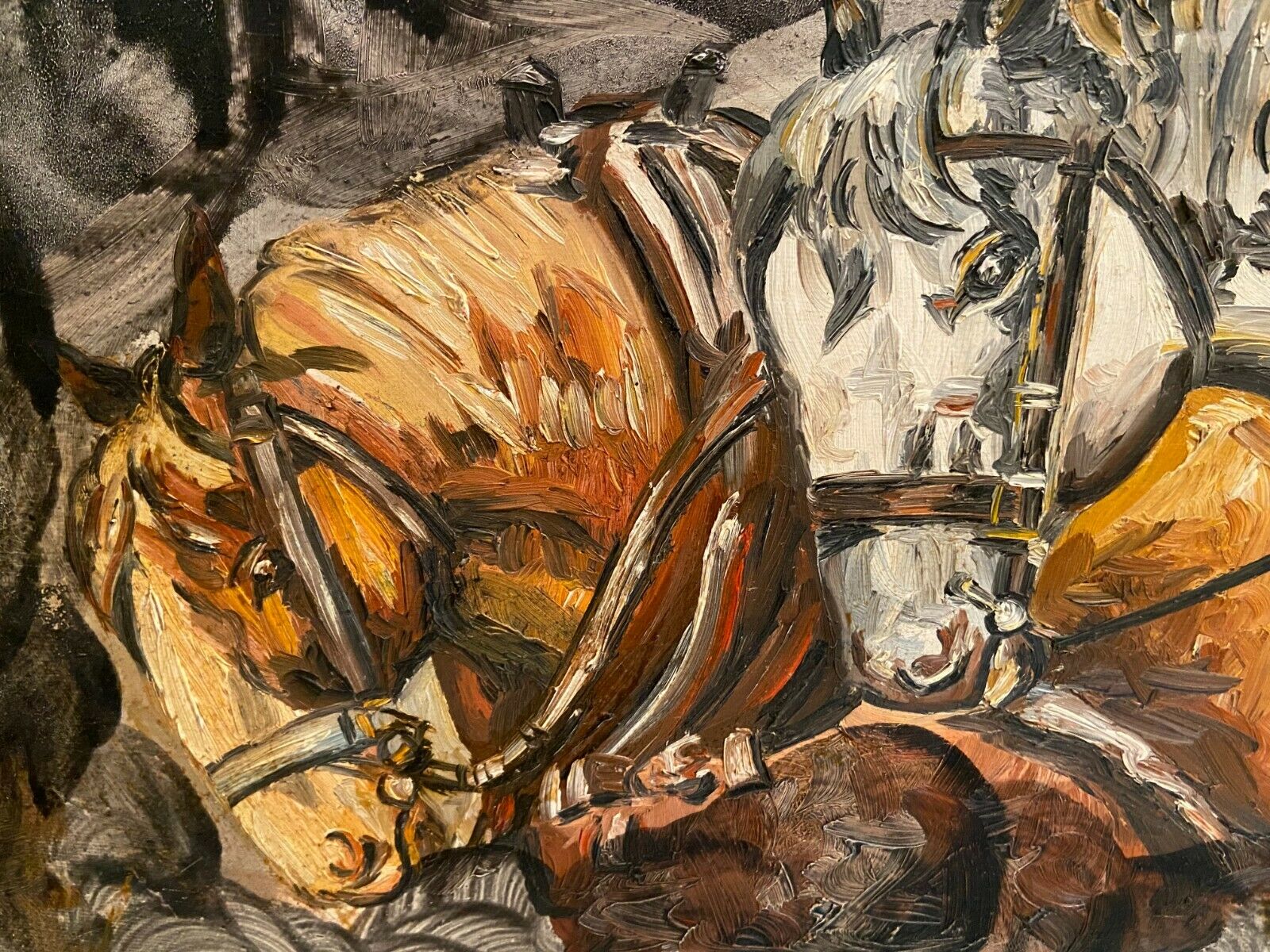 Oil painting on canvas with draft horses signed Ortega 86