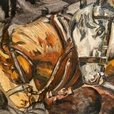 Oil painting on canvas with draft horses signed Ortega 86