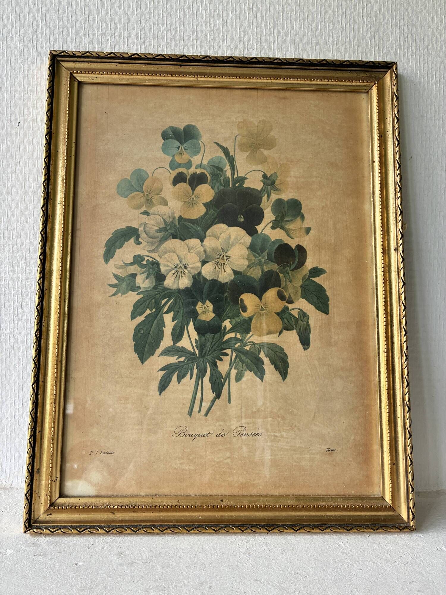 Lithographie encadrée bouquet de violettes PJ Redouté
