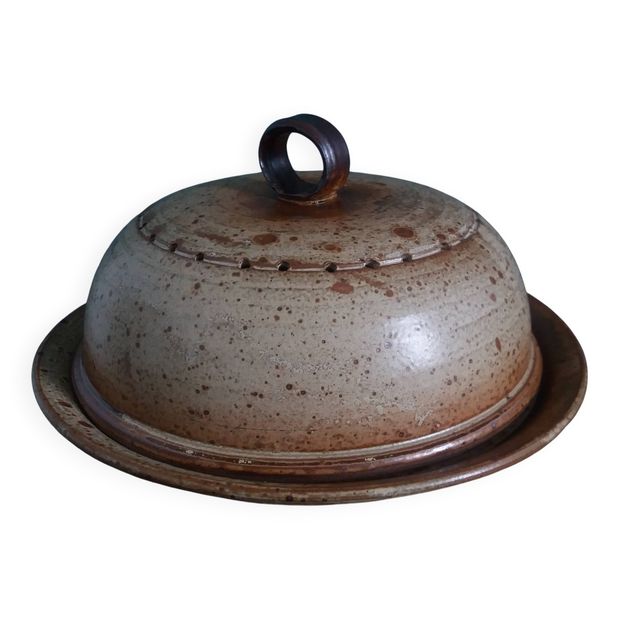 Stoneware cheese bell and platter from Puisaye, signed Jean-Pierre Prud’hom