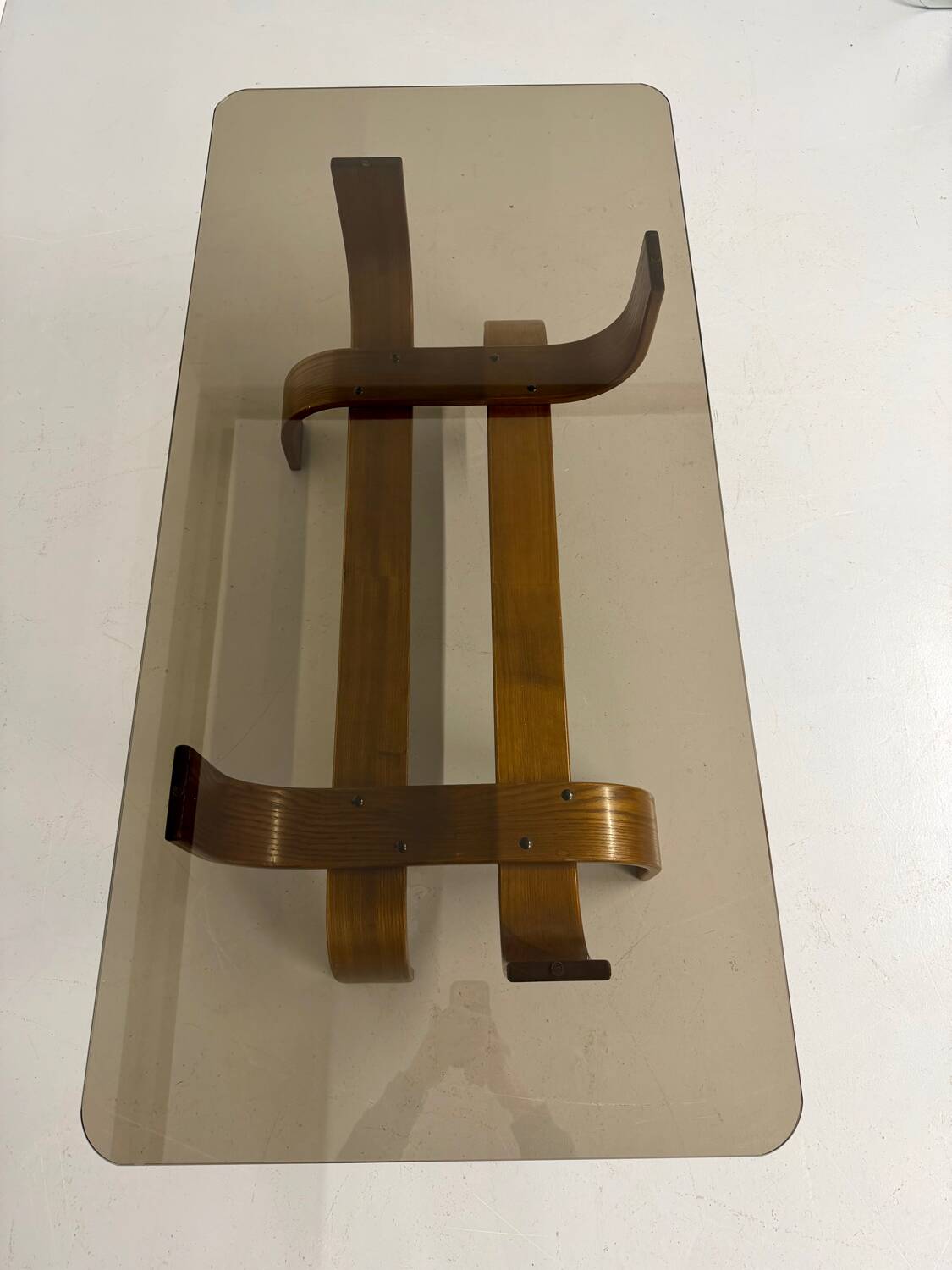 Vintage Fubo coffee table, 1970s design, made of bent wood and smoked glass