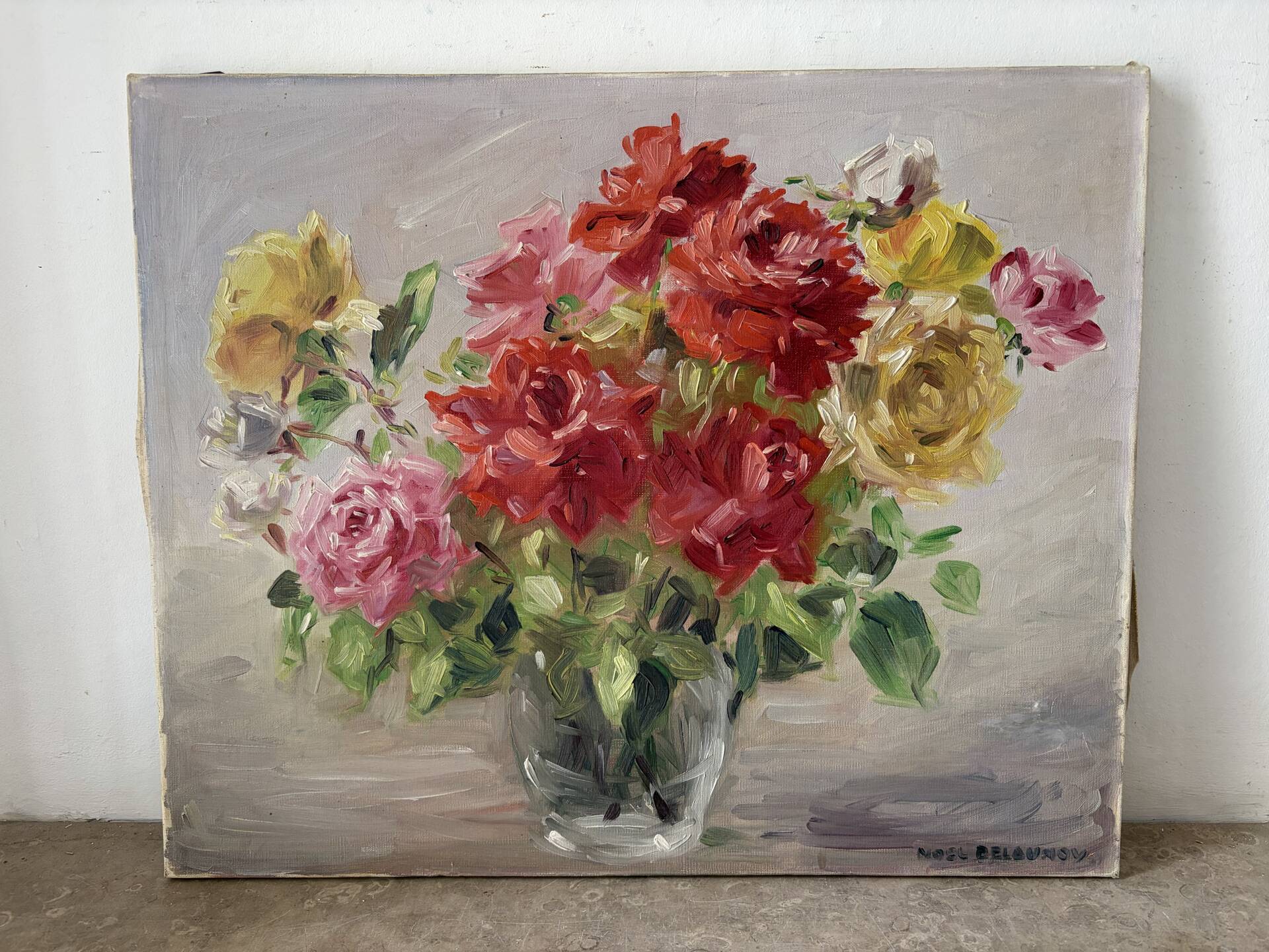 Bouquet of roses in a glass vase, oil on canvas signed