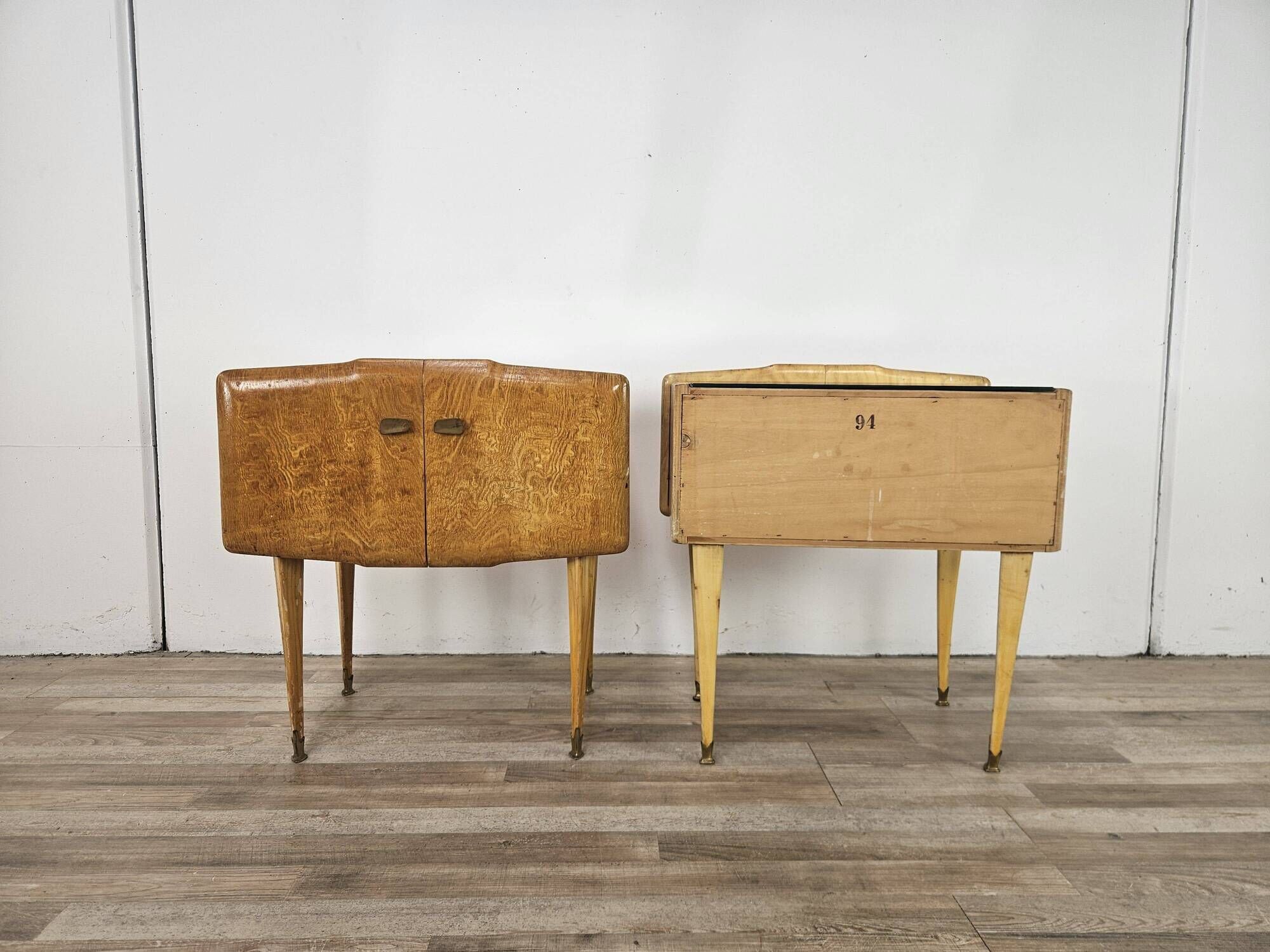 Pair of 1950s maple nightstands with mirrored tops