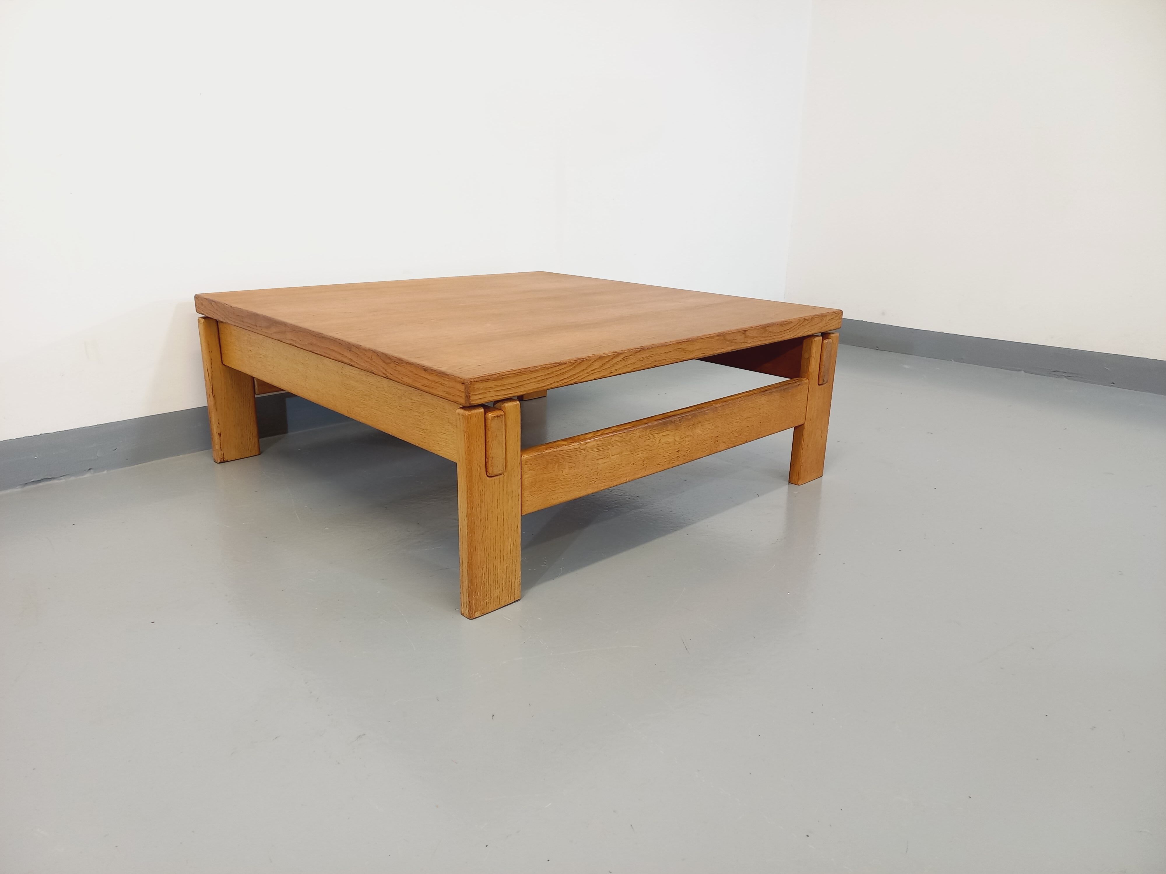 Vintage square coffee table in solid oak wood from the 60s 70s