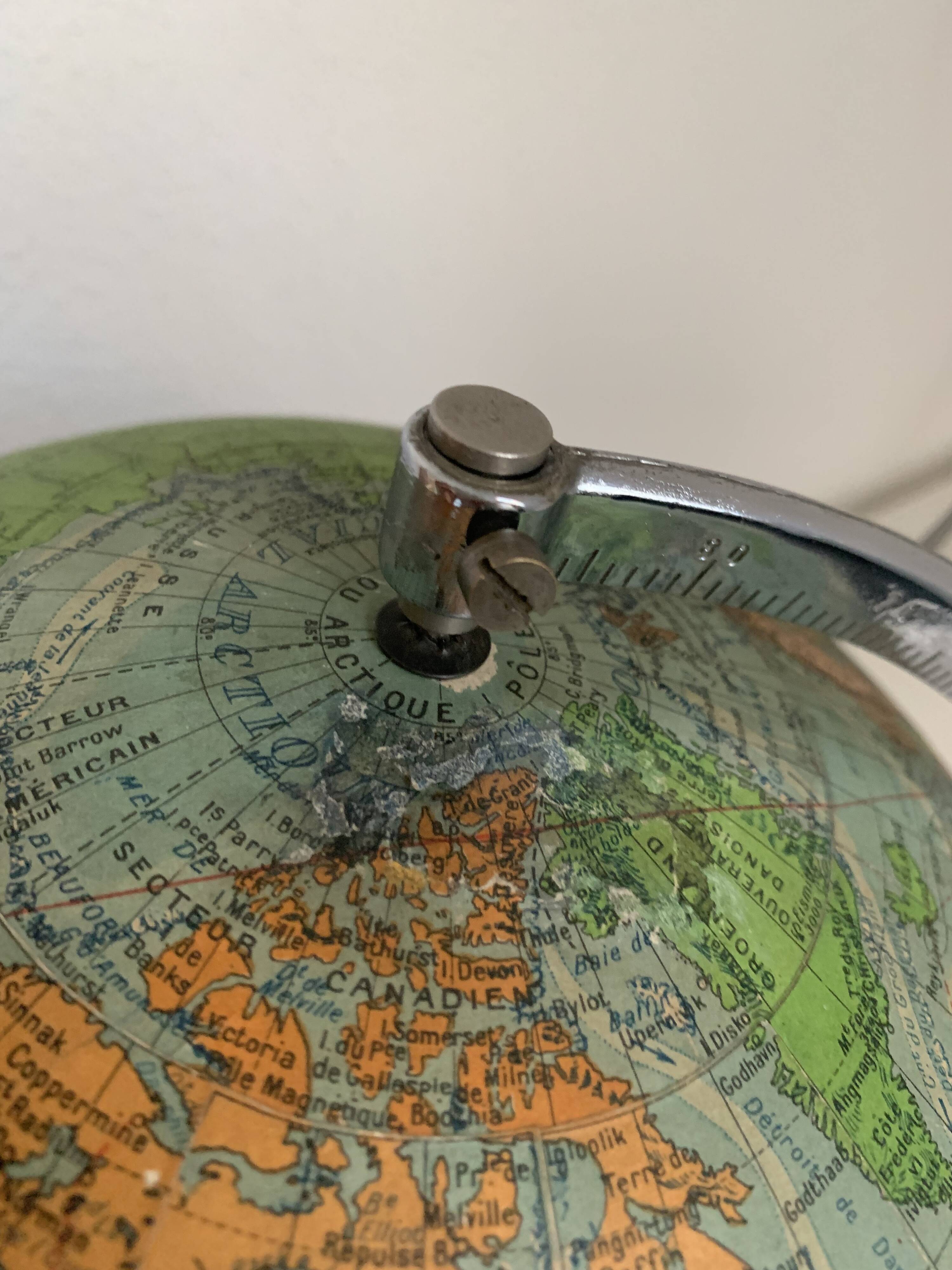 Vintage 1960s Perrina glass globe, green lacquered, world map - 33 cm