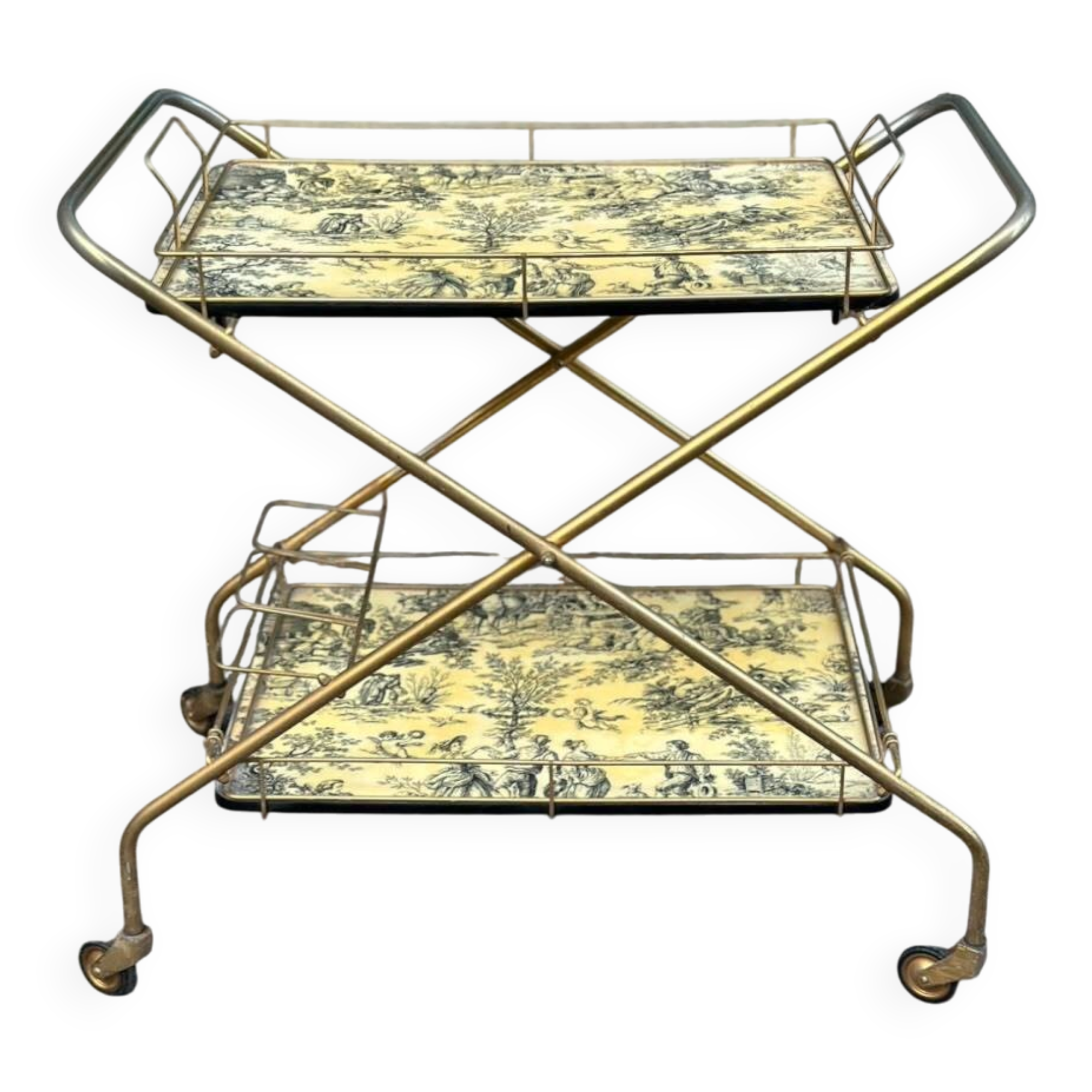 Vintage gold folding wheeled dessert trolley Toile de Jouy 1970s bar furniture
