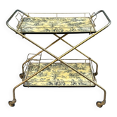 Vintage gold folding wheeled dessert trolley Toile de Jouy 1970s bar furniture