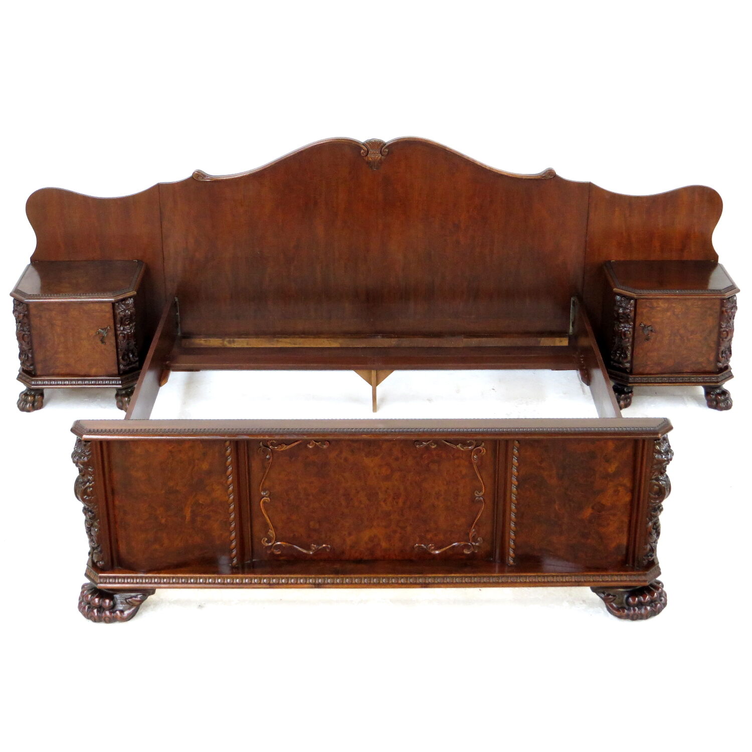 Hand carved Burr Walnut Bedroom Set with big Lion claw / paw feet, 19th century