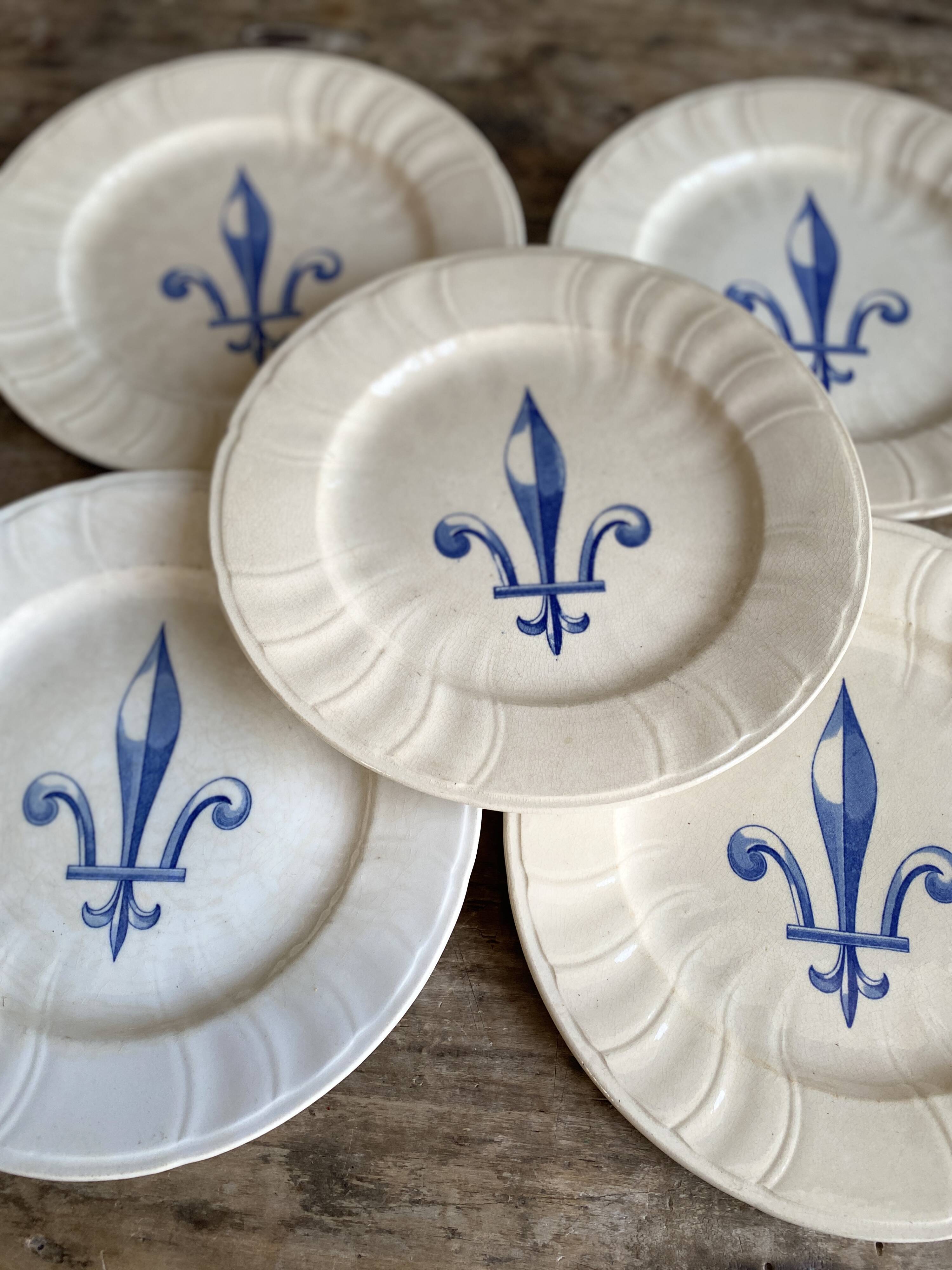 Set of 5 antique Gien plates – Fleur de Lys pattern – Ironstone