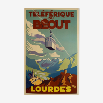 Affiche original Téléférique du Béout Lourdes par Hubert Mathieu 1952 - On linen