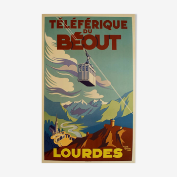 Original poster Téléférique du Béout Lourdes by Hubert Mathieu 1952 - On linen