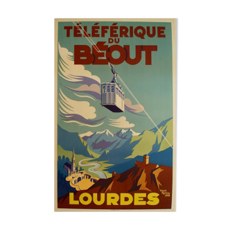 Affiche original Téléférique du Béout Lourdes par Hubert Mathieu 1952 - On linen