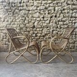 Ensemble table basse et fauteuils en roseau - années 50