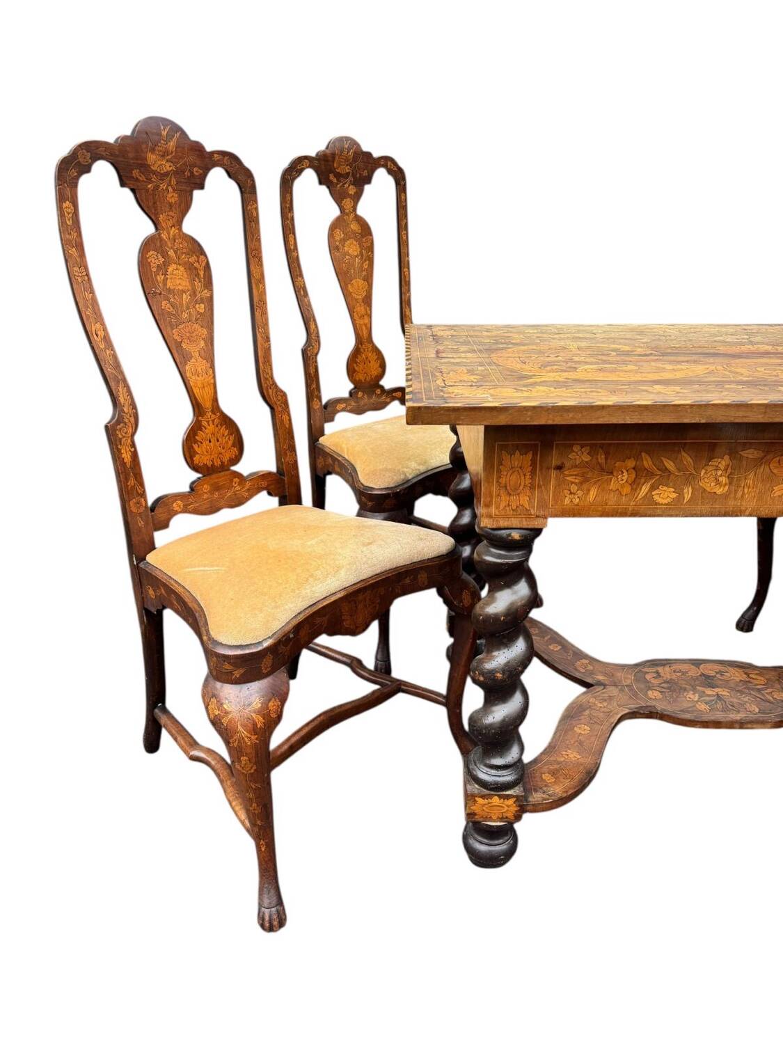 Dutch salon 1900, table and 4 chairs in marquetry stamped IDRAC.