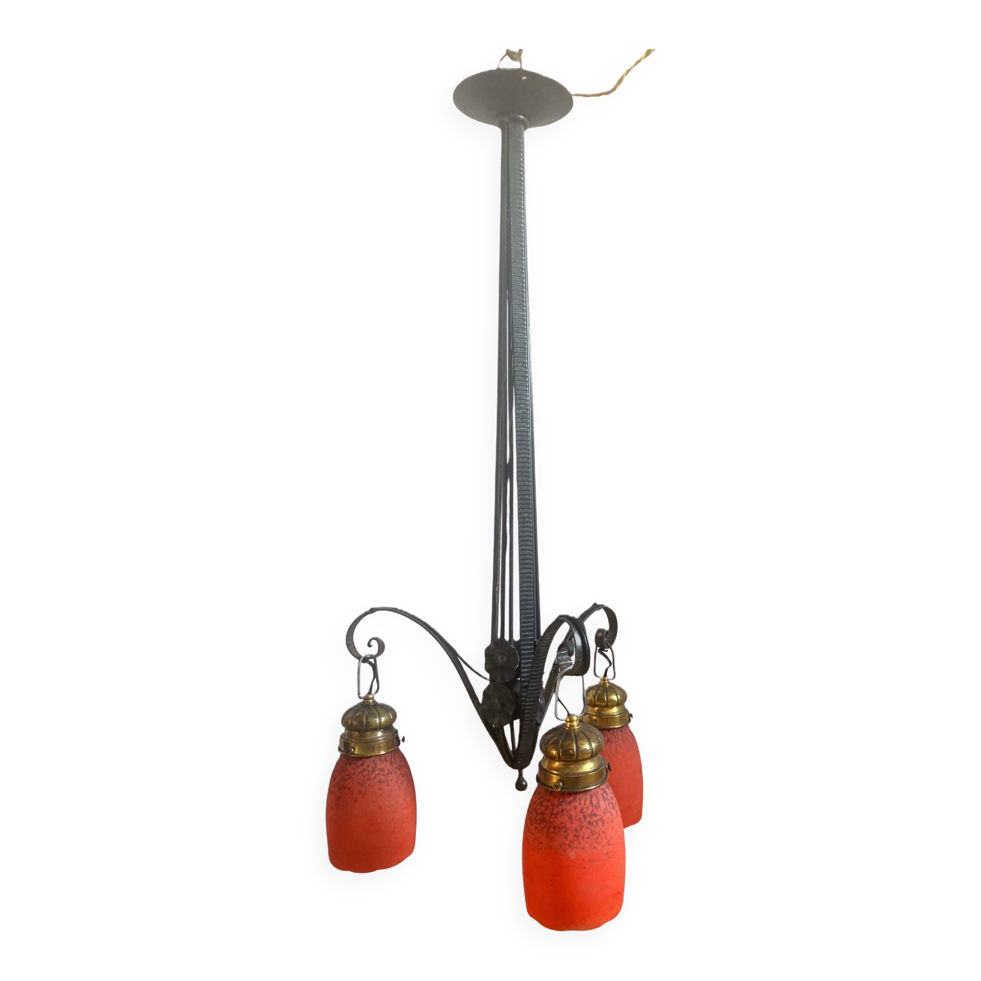 Antique Art Deco wrought iron lustre with 3 tulips in pâte de verre signed Delatte.