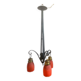 Antique Art Deco wrought iron lustre with 3 tulips in pâte de verre signed Delatte.