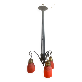 Antique Art Deco wrought iron lustre with 3 tulips in pâte de verre signed Delatte.