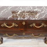 Commode ancienne en acajou, loupe d'Amboine, marbre rouge et bronze