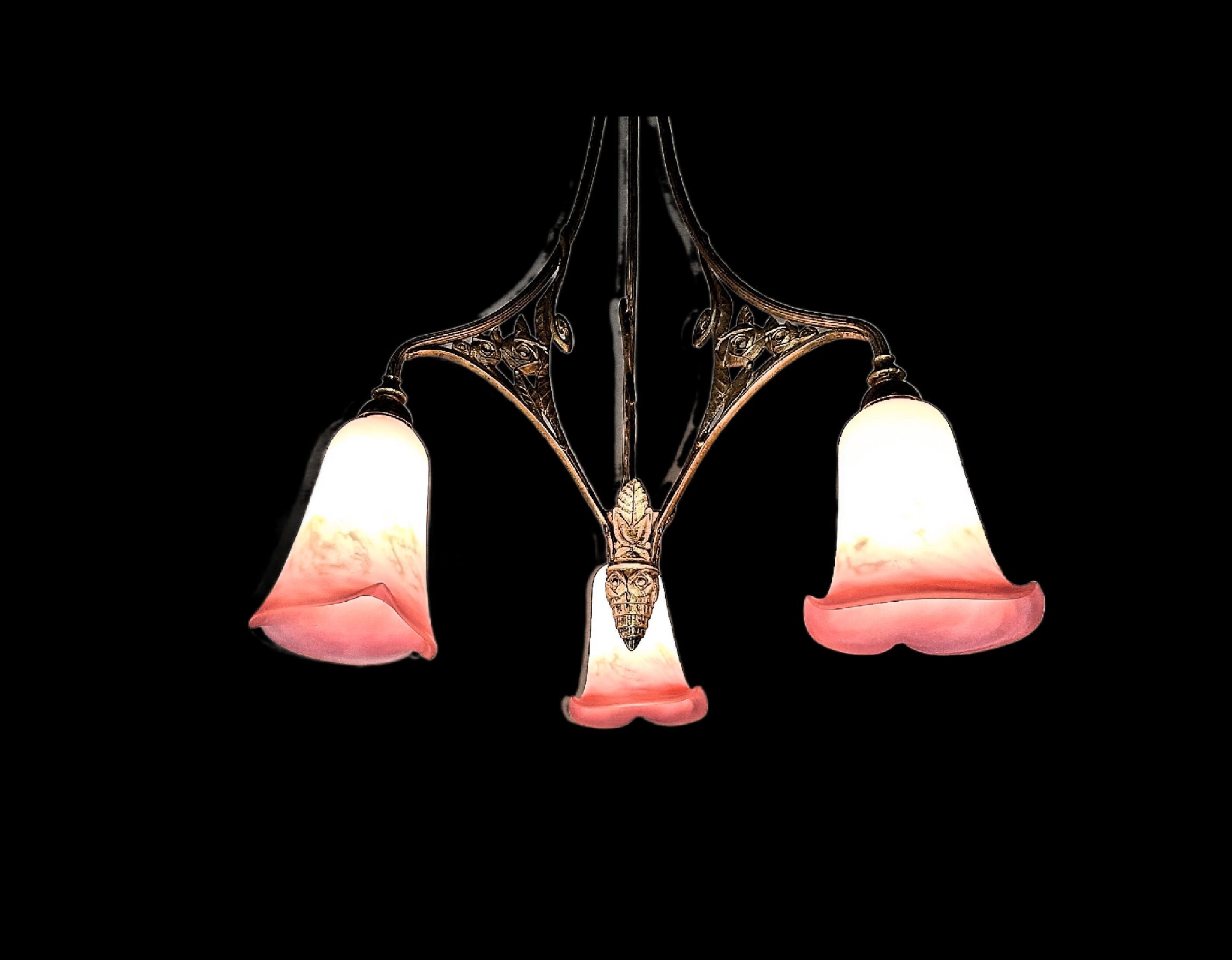 P. crespy art deco chandelier blend of bronze, pink, yellow
