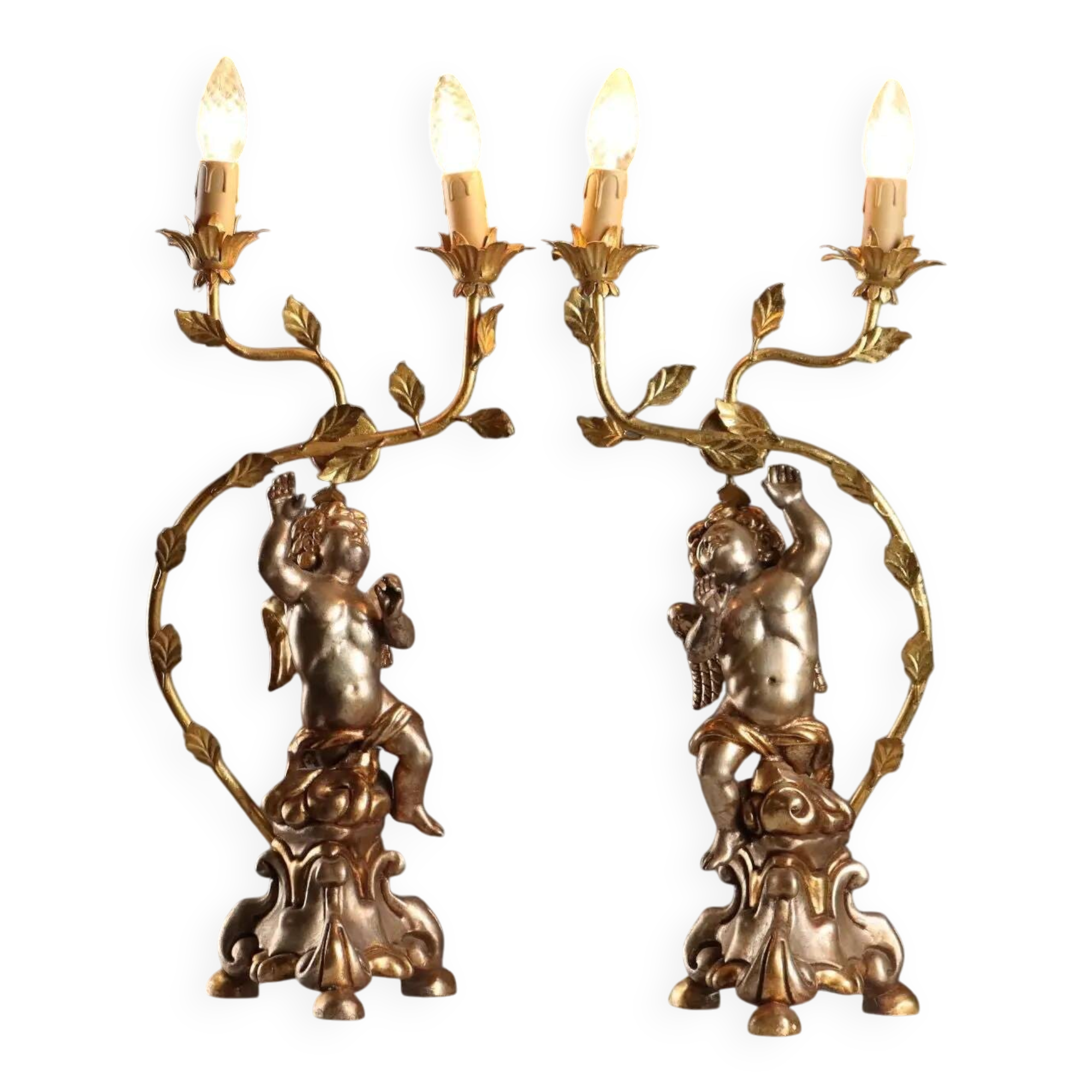 Pair of antique candelabra in carved and gilded wood, Italy, 20th century