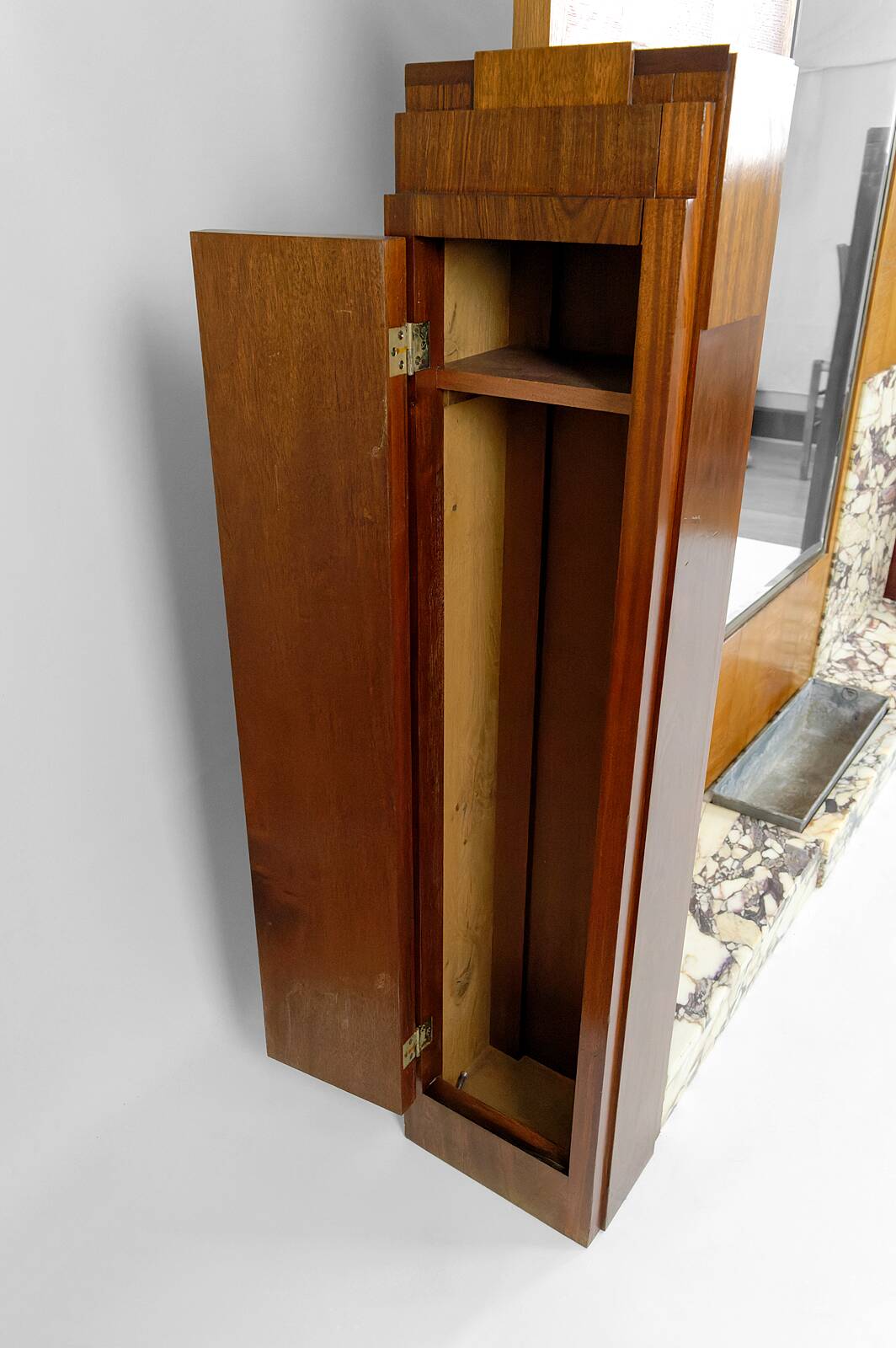 Large Art Deco wardrobe in oak, marble and mahogany, circa 1925
