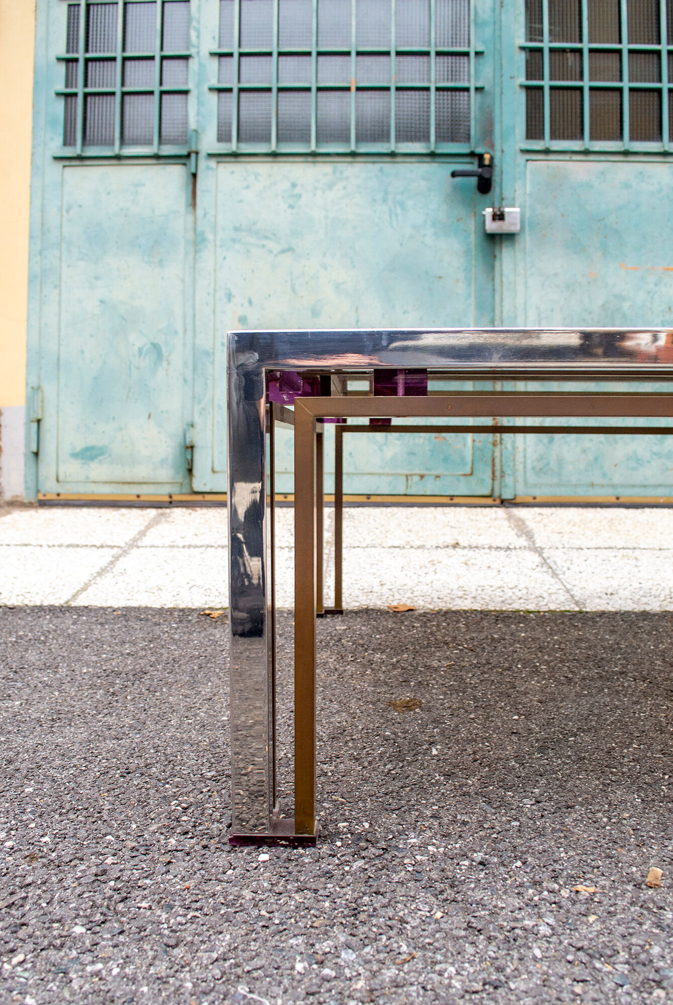 Coffee table in steel and brass, with decorations in colored plexiglas Italy 70s