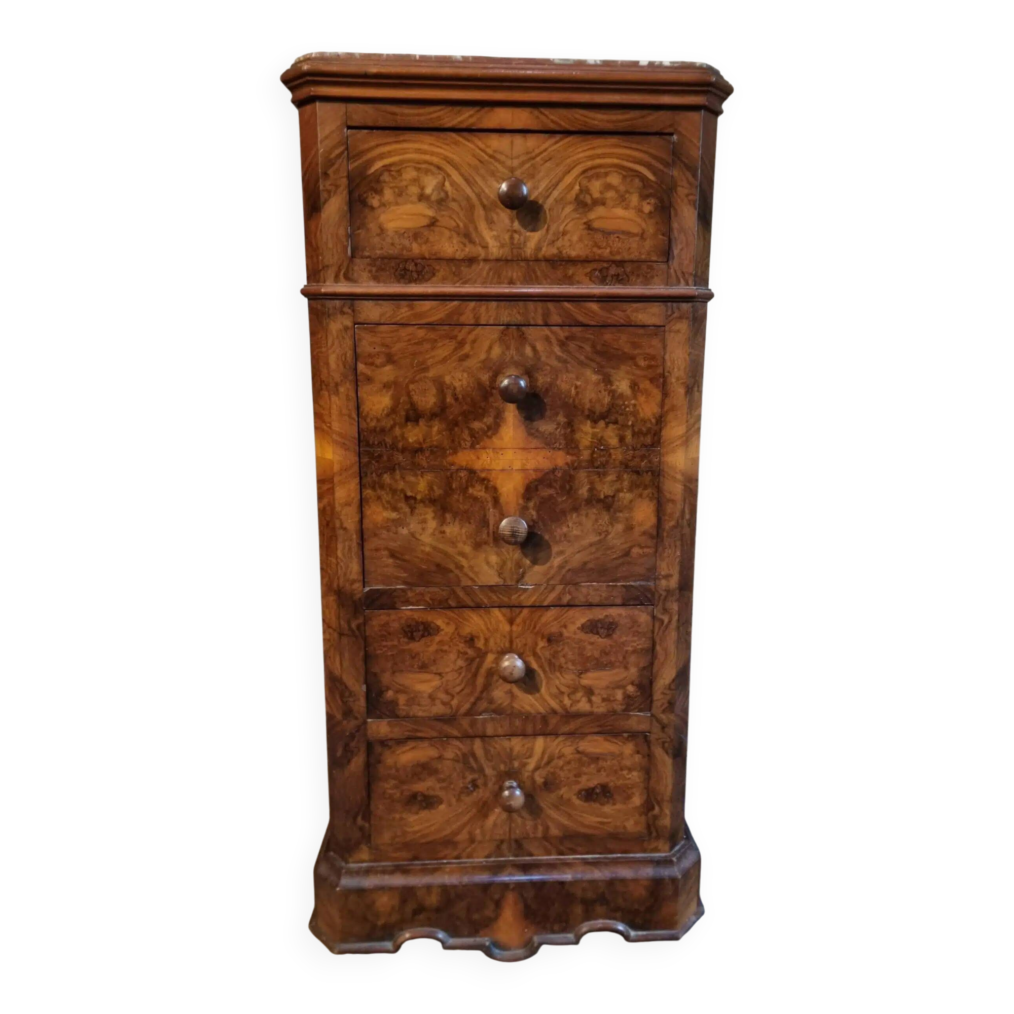 French antique bedside table in oak with walnut burl veneer, circa 1900.