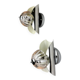 Pair of chromed petal-shaped glass space age wall sconces, Italy 1970s