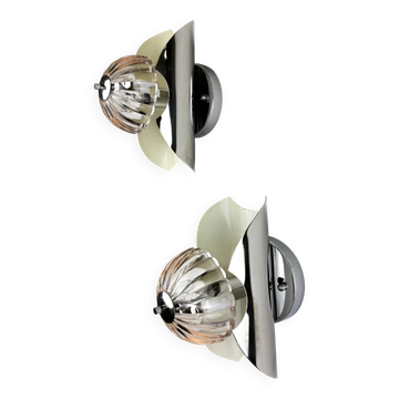 Pair of chromed petal-shaped glass space age wall sconces, Italy 1970s