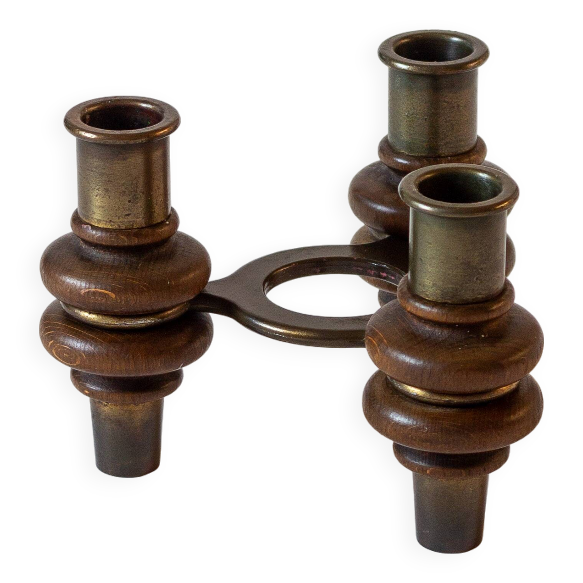 Tripod candle holder in wood and brass, Germany, 1960s/70s