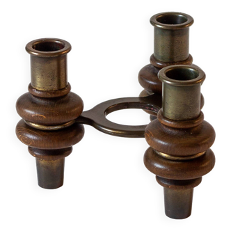 Tripod candle holder in wood and brass, Germany, 1960s/70s