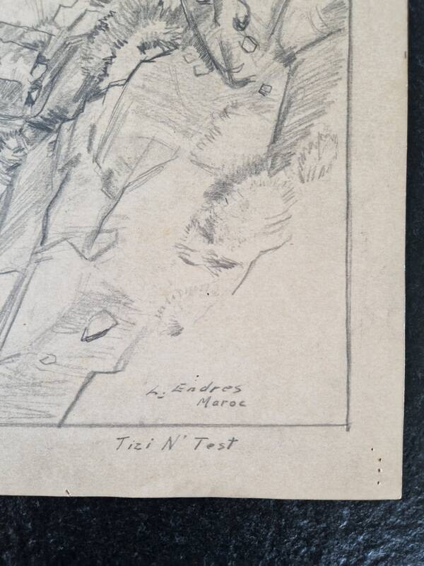 Louis John Endres (1896-1989) - Charcoal drawing on paper - Landscape Tizi N'Test, Grand Atlas Morocco