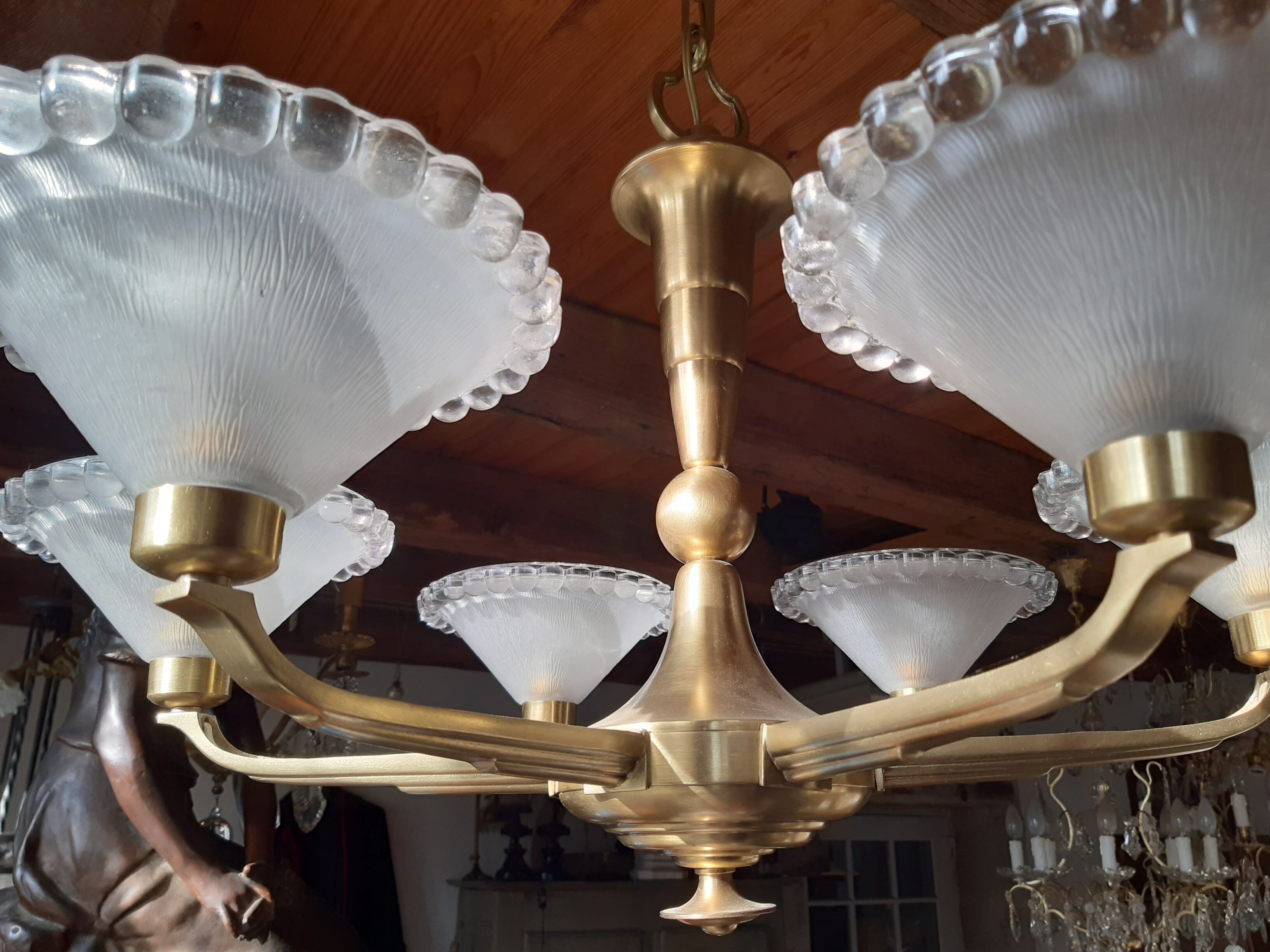 Old art deco bronze chandelier 6 branches frosted molded glass.
