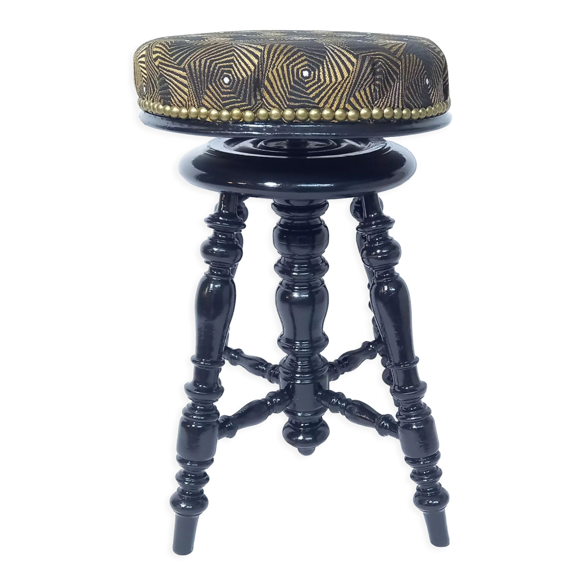 Old adjustable piano stool Napoleon III style with black & gold fabric