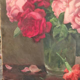 Tableau ancien bouquet de roses et oeillets 1900