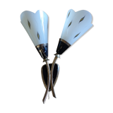 Double sconce in brass and tempered patterned glass 50s