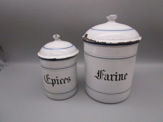 2 antique spice pots in enamelled sheet metal