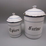 2 antique spice pots in enamelled sheet metal