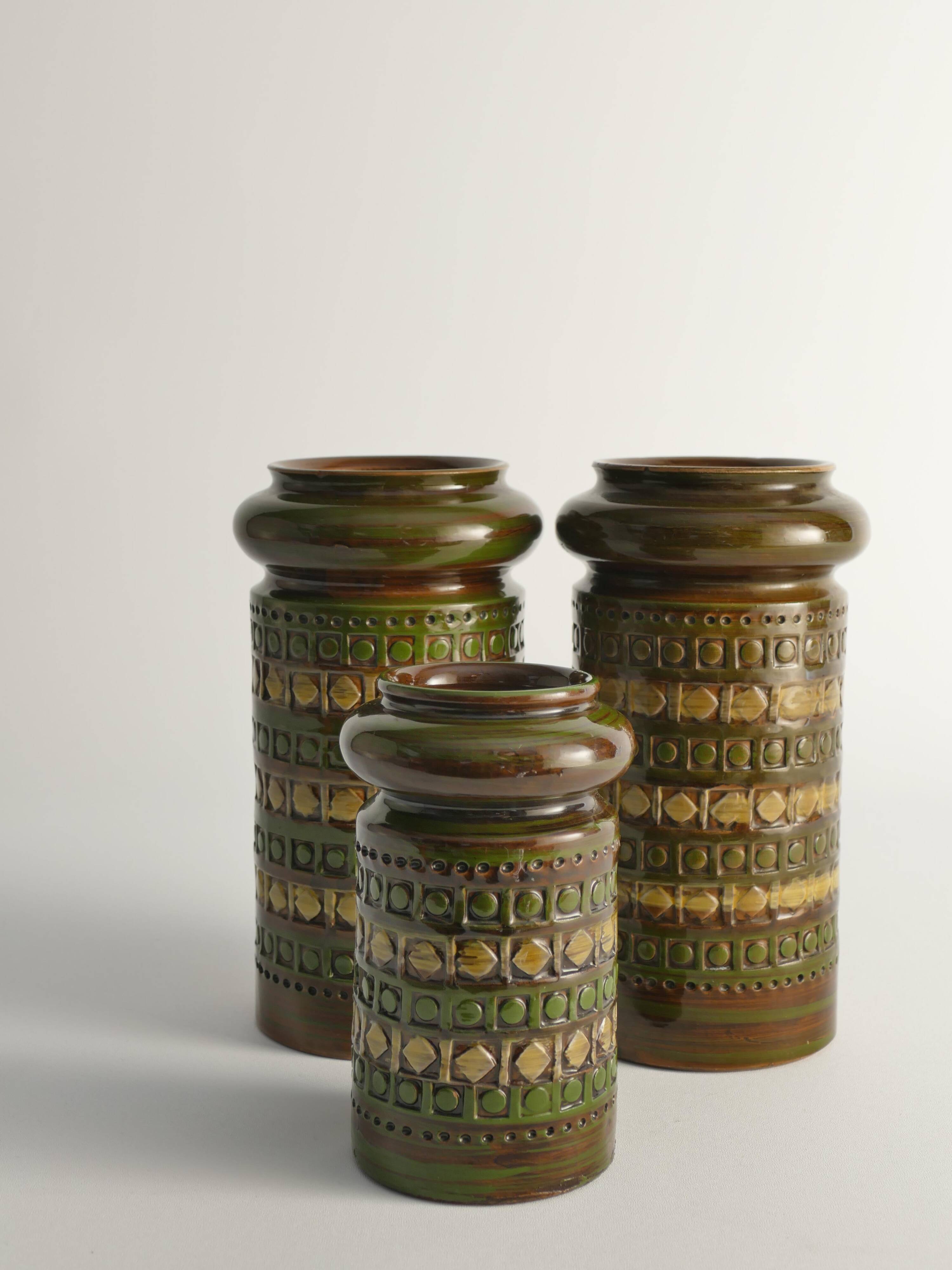 Vases en grès jaune et vert par Aldo Londi pour Bitossi, Italie, ensemble de 3