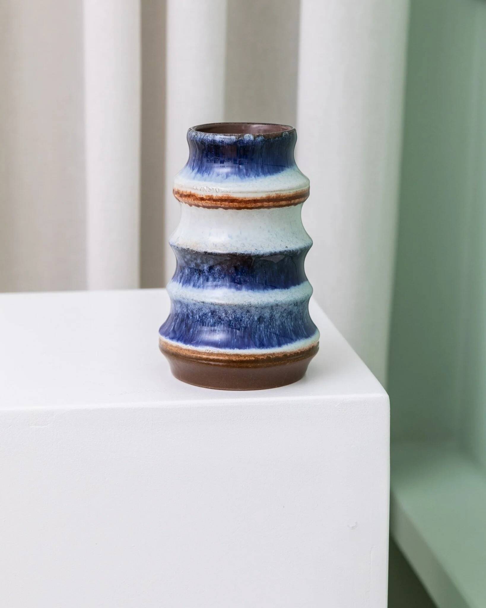 Blue and White Striped Ceramic Vase by Strehla – German Mid-Century, 1960s