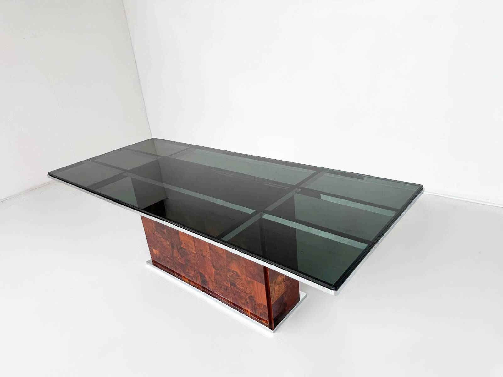 Dining Table by Romeo Rega for Mario Sabot, Burl Wood and Glass, 1970s