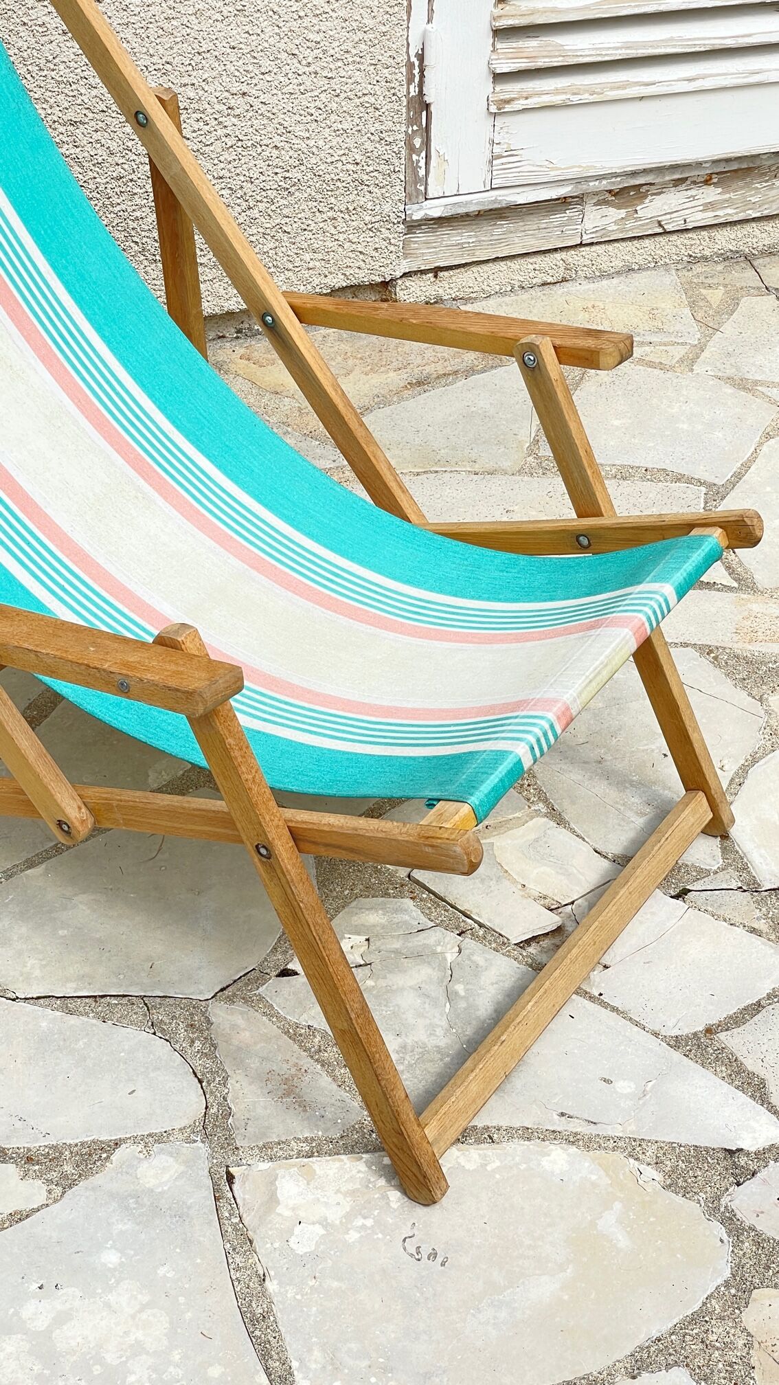 Transat pliant en bois et toile vintage