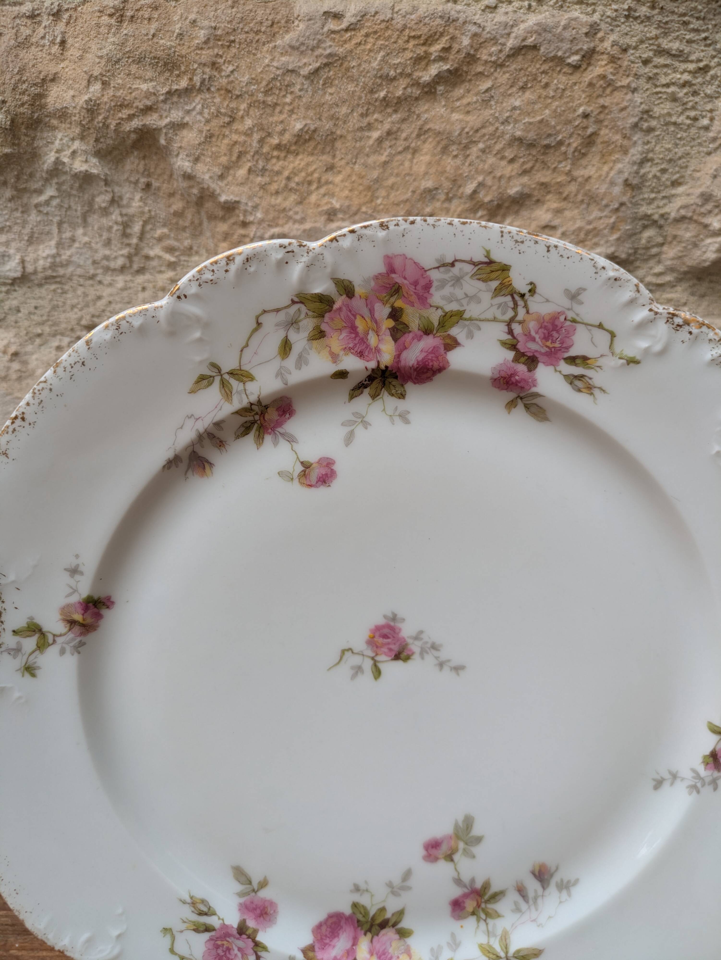 Porcelain plate with floral decoration, gilding, and relief MR France 25.5cm