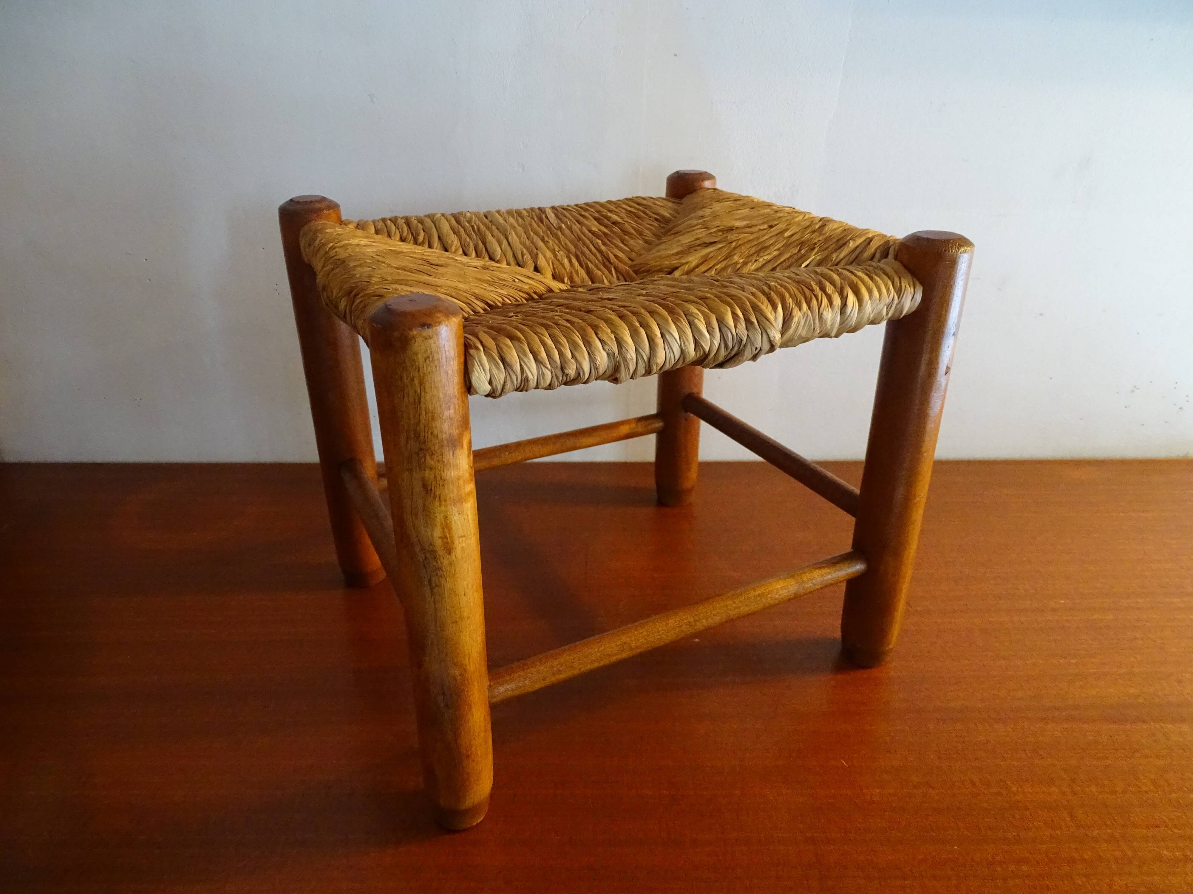 Vintage straw wood low stool