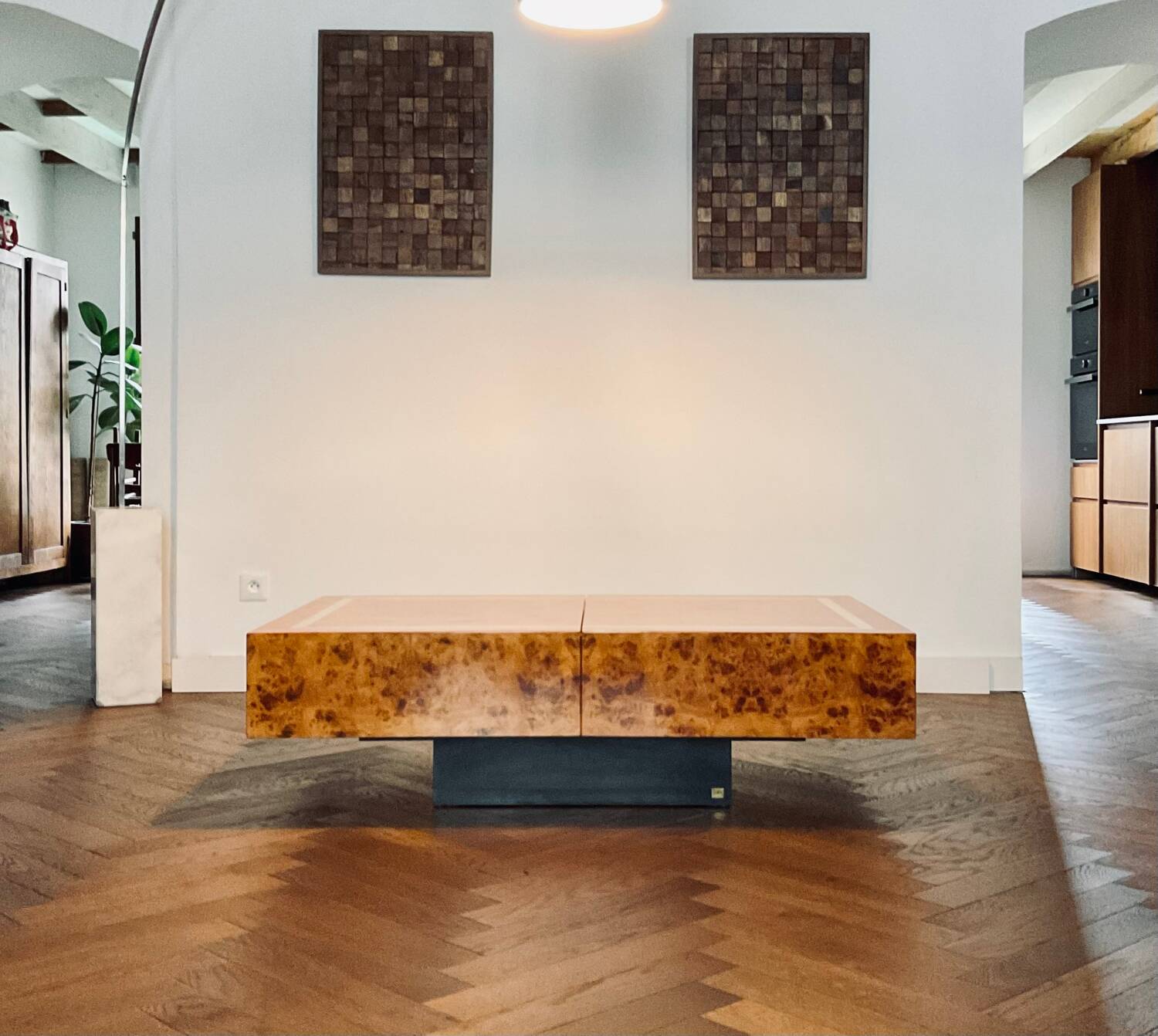 Jean-Claude Mahey coffee table in vintage 70s burr walnut