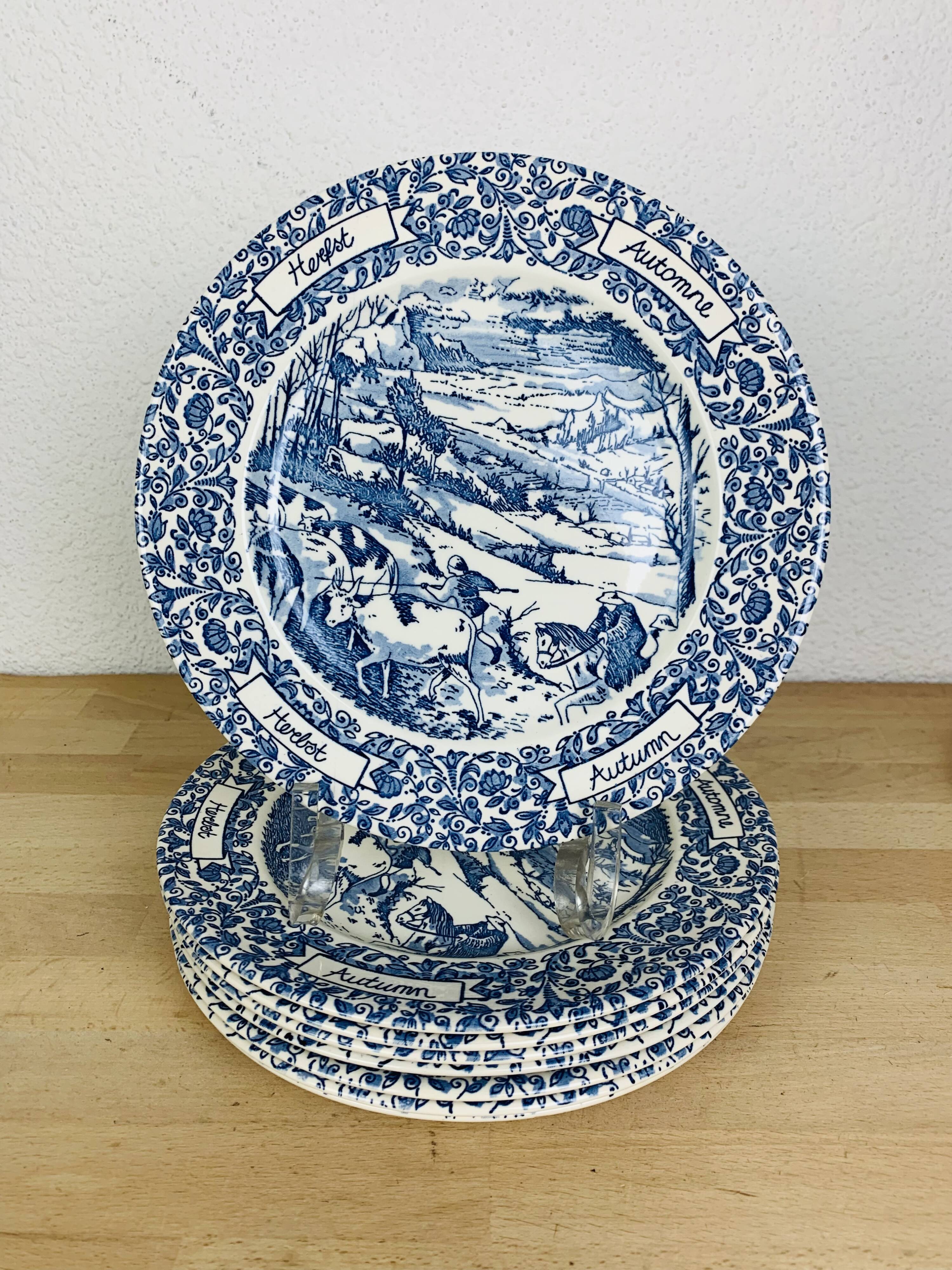 8 assiettes terre de fer anglaises bleues "automne" England ironstone