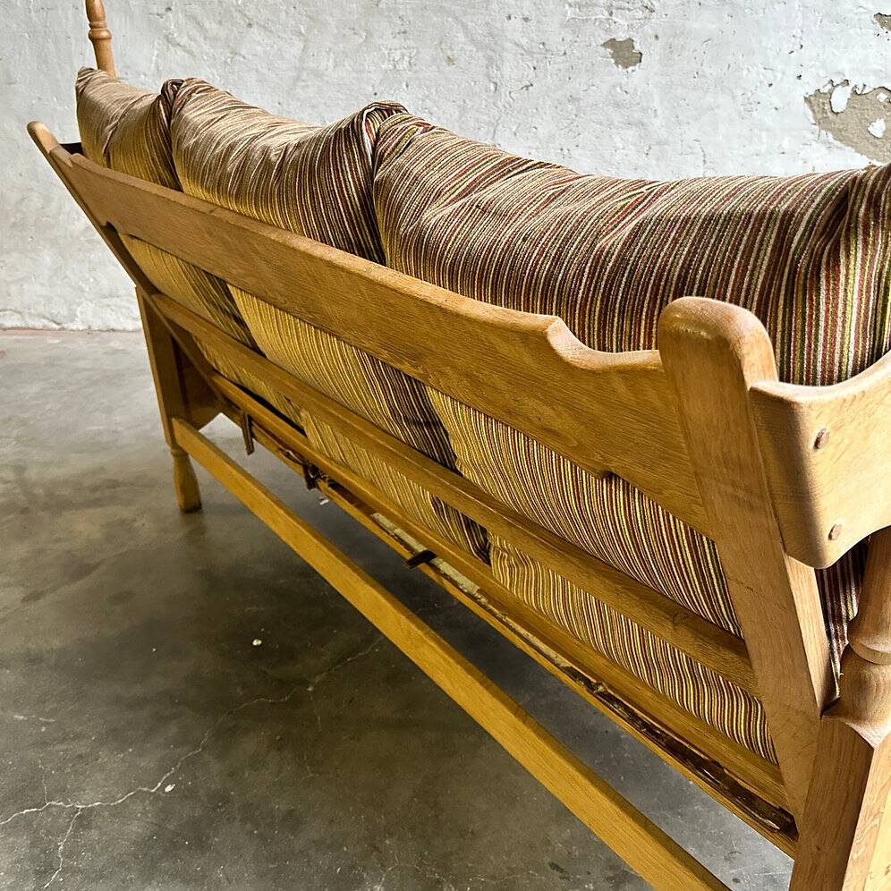 1950s brutalist oak and velvet throne-like sofa