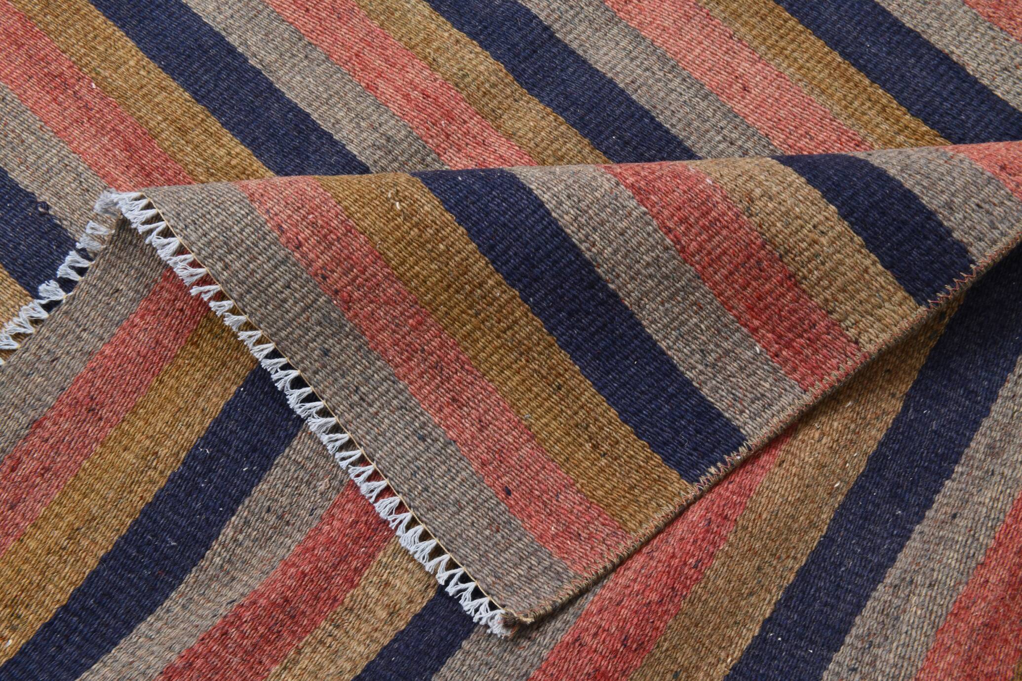 Navy Blue & Terracotta Hand Woven Turkish Striped Kilim Rug, 147x217 Cm